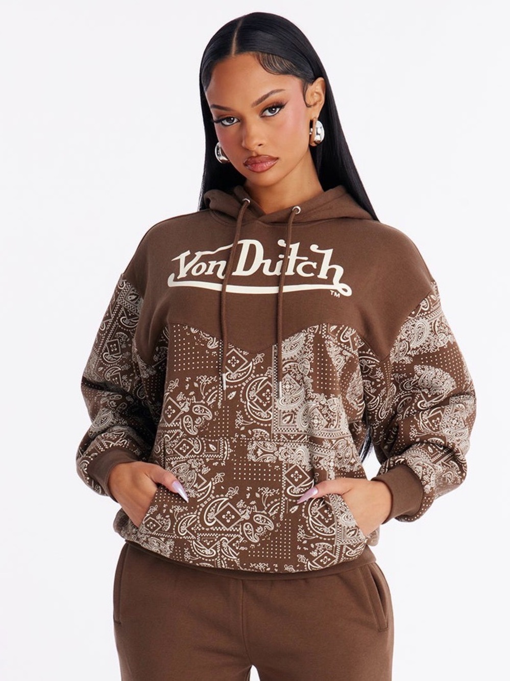 Von Dutch Brown Bandana-Print Pullover Hoodie